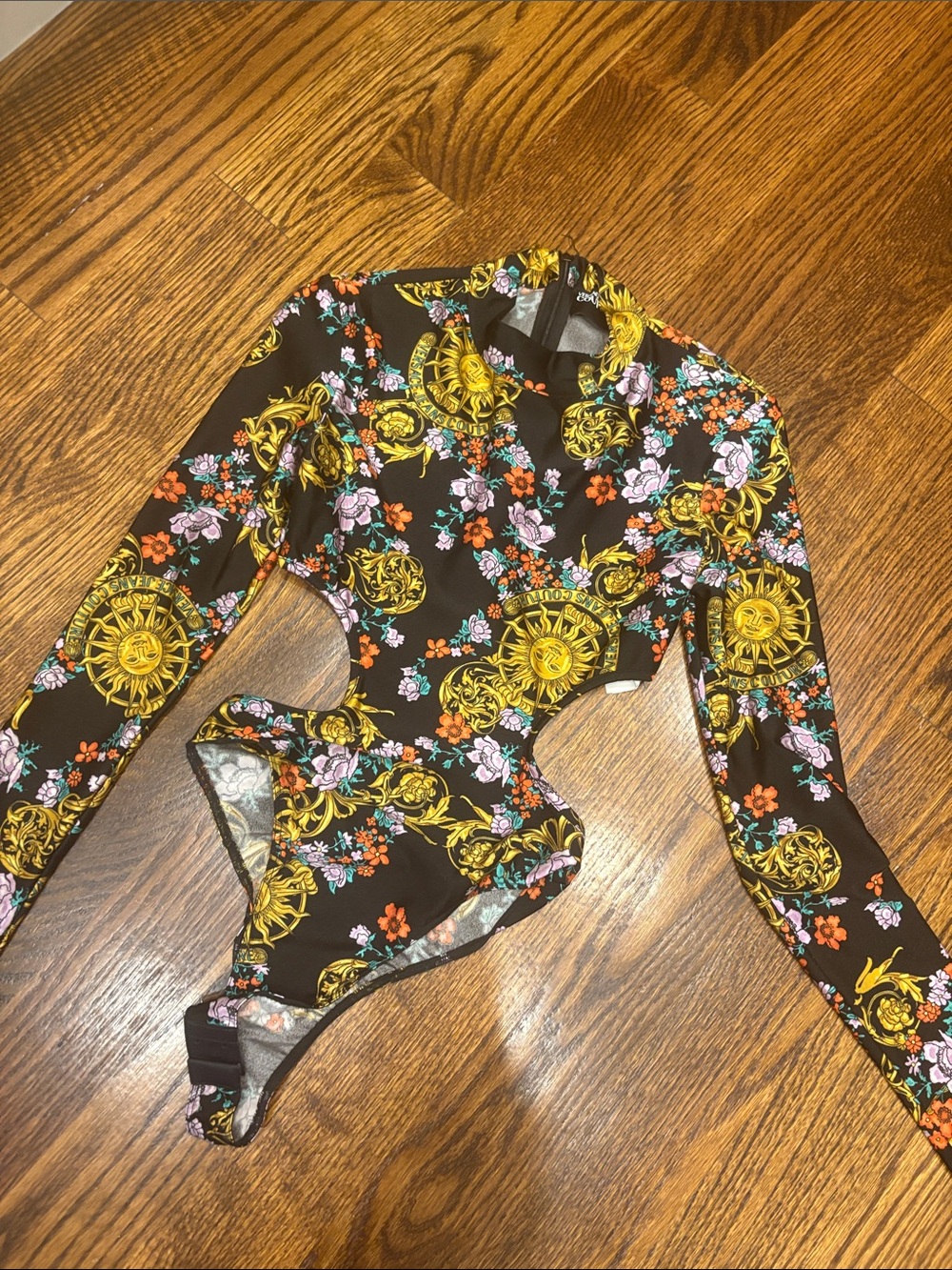 Versace Jeans Collection Floral Sun-Print Long Sleeve Bodysuit in Brown and Gold